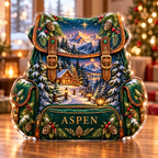 Front-view digital preview of a Christmas backpack emerald trail acrylic plaque with example name Aspen integrated into the lower intrinsic backpack pocket detail