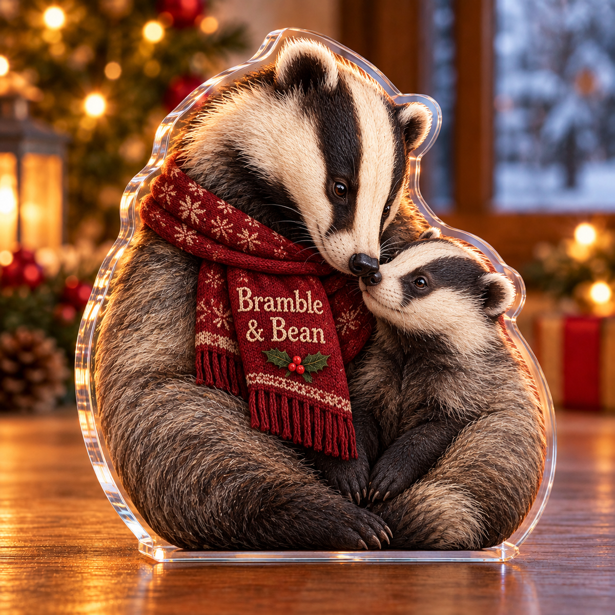 Front-view digital preview of a Christmas badger parent cub acrylic plaque with example name Bramble & Bean integrated into the front scarf fold name embroidery