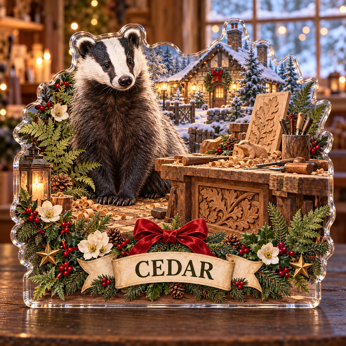 Front-view digital preview of a personalized Christmas badger woodcarving cottage acrylic plaque with example name CEDAR