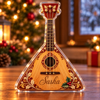 Front-view digital preview of a Christmas balalaika triangle melody acrylic plaque with example name Sasha integrated into the balalaika front soundboard name engraving