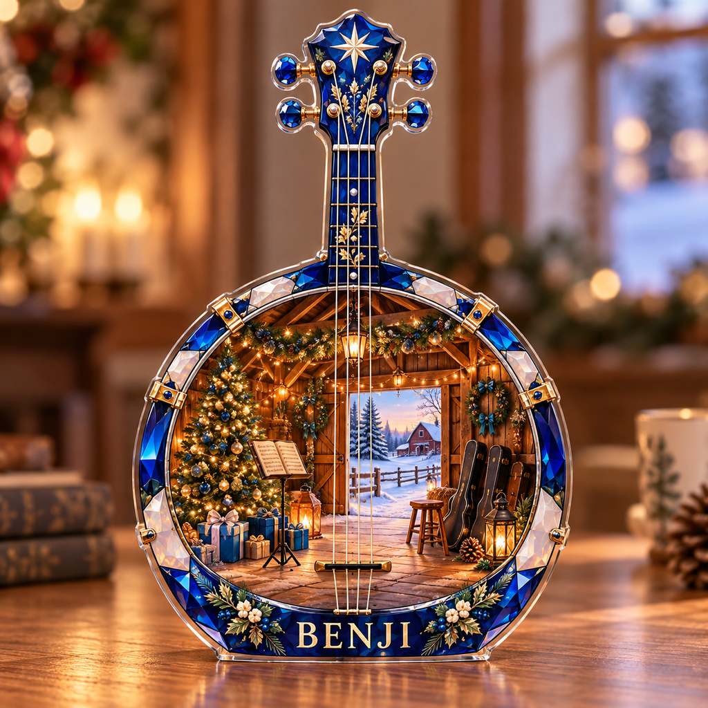 Front-view digital preview of a Christmas banjo sapphire musicbarn acrylic plaque with example name BENJI integrated into the lower body facet trim