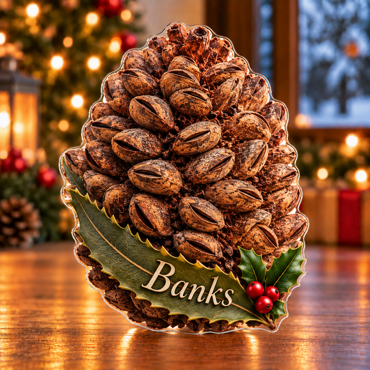 Front-view digital preview of a Christmas banksia seed memory acrylic plaque with example name Banks integrated into the broad lower leaf