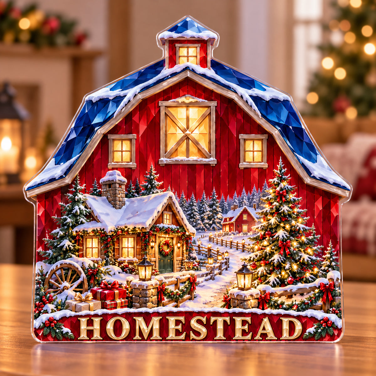 Front-view digital preview of a Christmas ruby barn acrylic plaque with example name HOMESTEAD integrated into the lowest intrinsic barn masonry