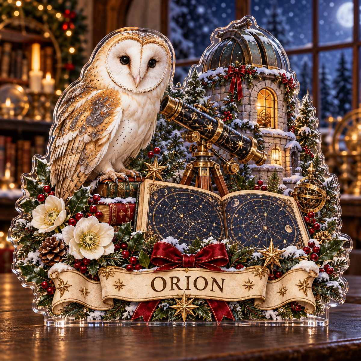 Front-view digital preview of a personalized Christmas barn owl astronomy tower acrylic plaque with example name ORION