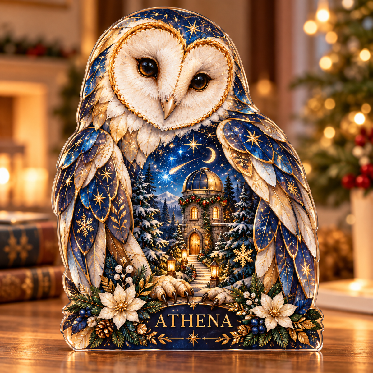 Front-view digital preview of a Christmas barn owl sapphire stargazer acrylic plaque with example name Athena integrated into the lower owl botanical detail