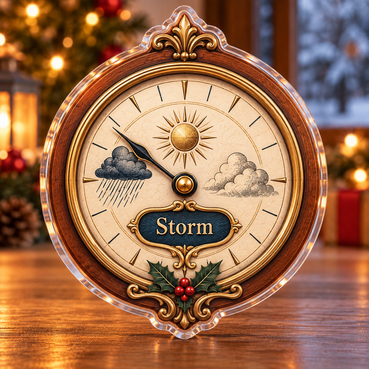 Front-view digital preview of a Christmas barometer weather acrylic plaque with example name Storm integrated into the illustrated dial center name panel
