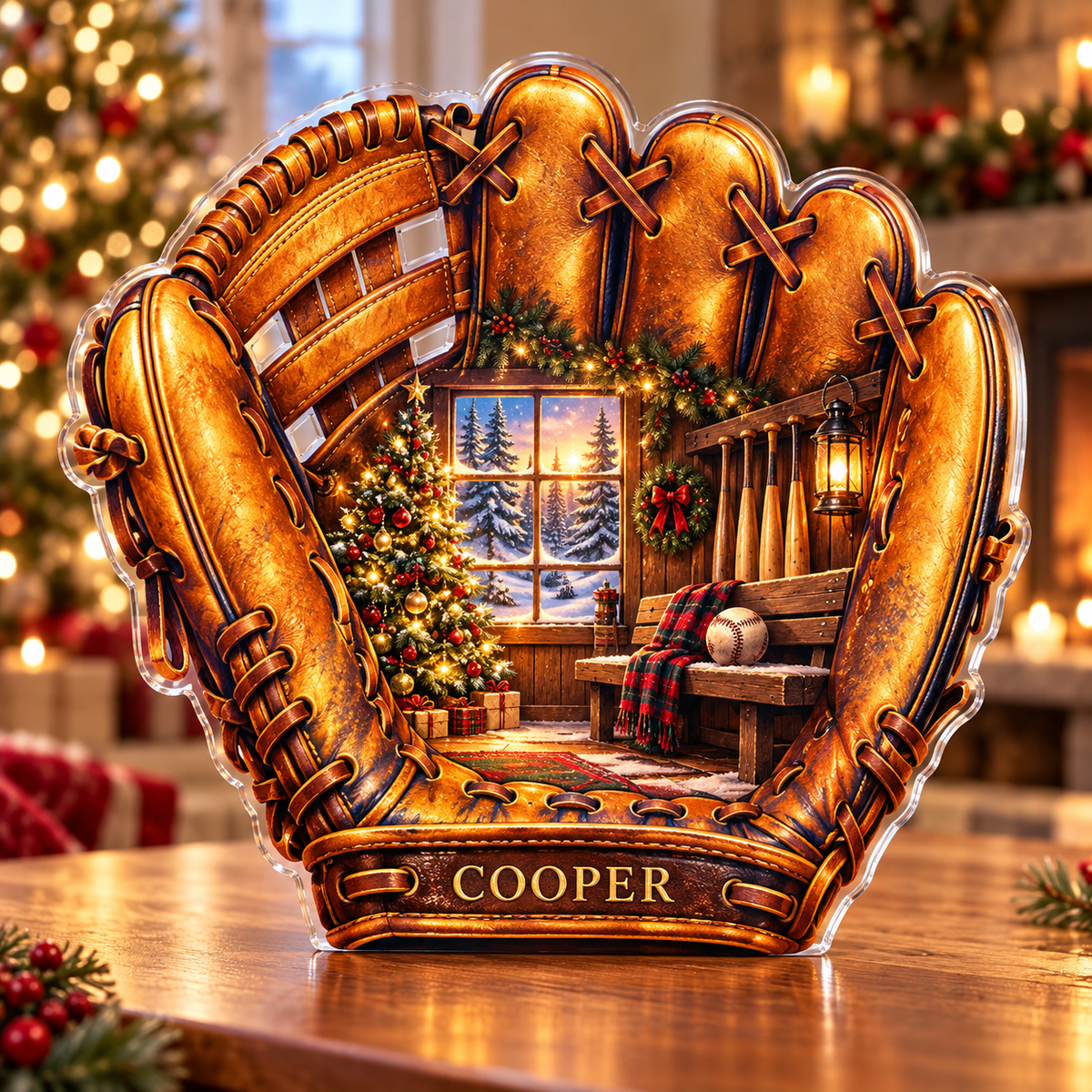 Front-view digital preview of a Christmas baseball glove amber dugout acrylic plaque with example name Cooper integrated into the lower intrinsic glove wrist detail