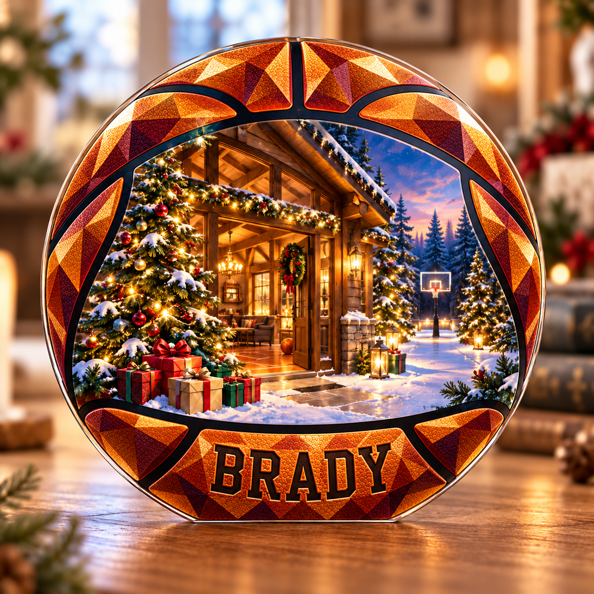 Front-view digital preview of a Christmas amber basketball acrylic plaque with example name BRADY integrated into the lowest ball panel facets