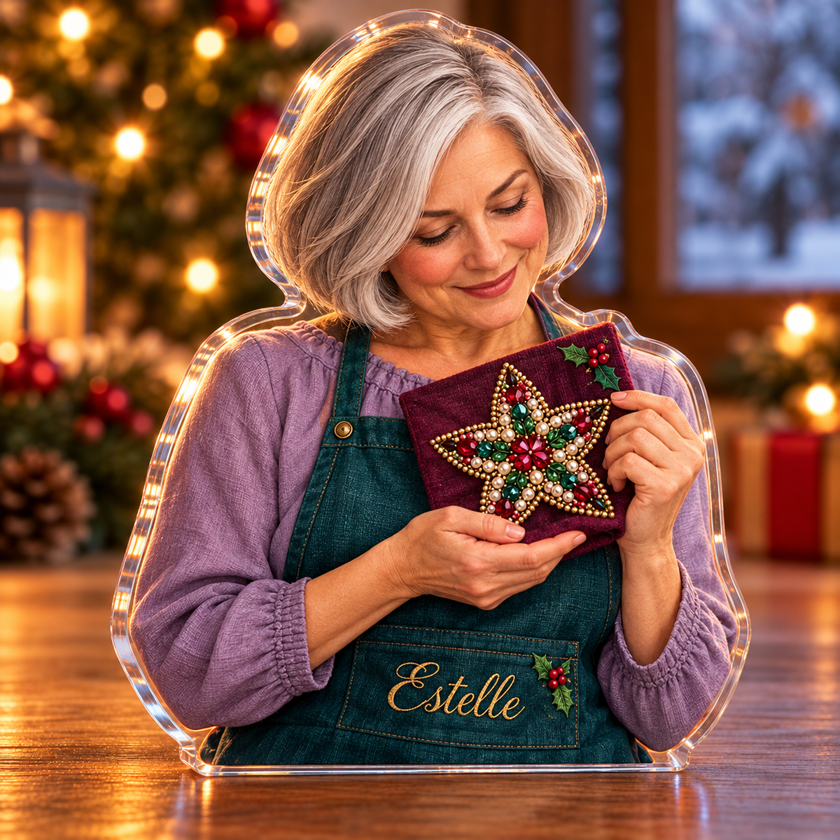 Front-view digital preview of a Christmas beadwork artist star acrylic plaque with example name Estelle integrated into the beadwork artist apron front name embroidery