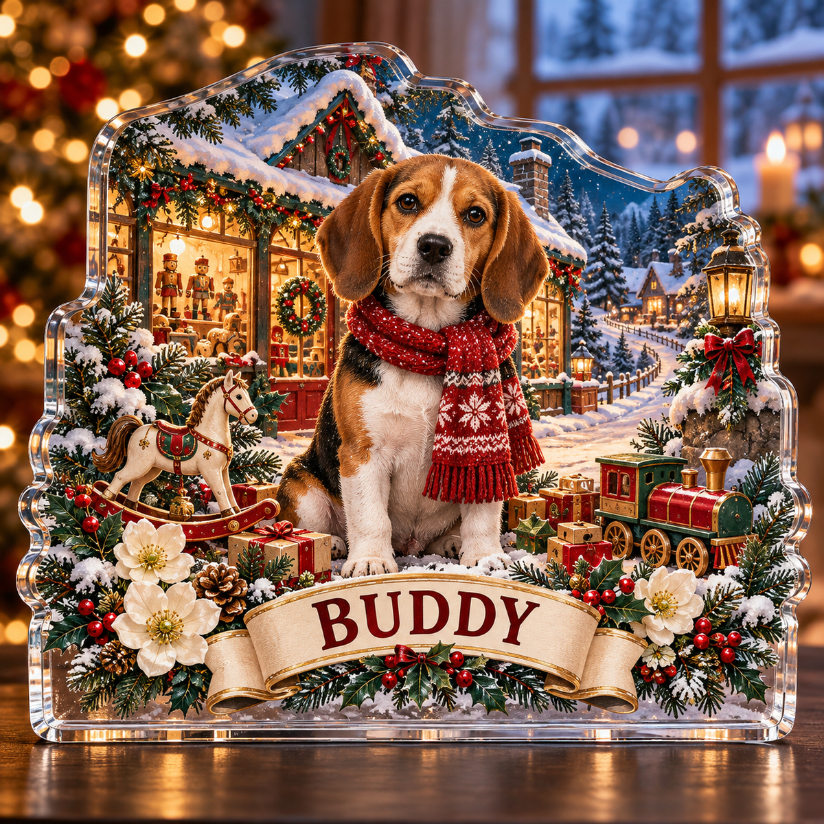 Front-view digital preview of a personalized Christmas beagle toy workshop acrylic plaque with example name BUDDY
