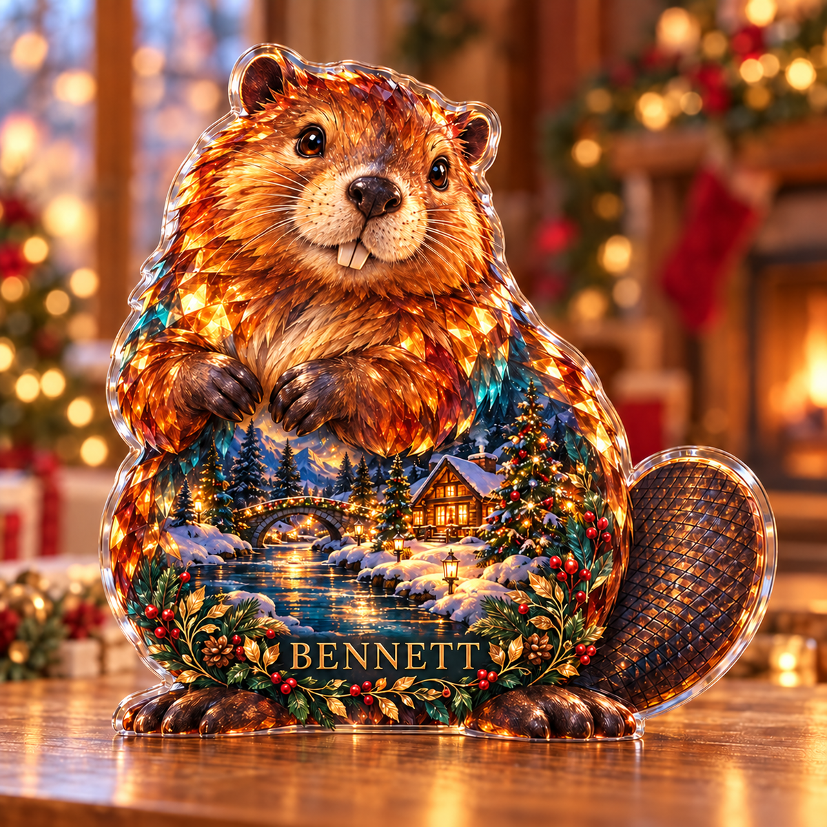 Front-view digital preview of a Christmas beaver amber riverlodge acrylic plaque with example name Bennett integrated into the lower intrinsic beaver botanical detail
