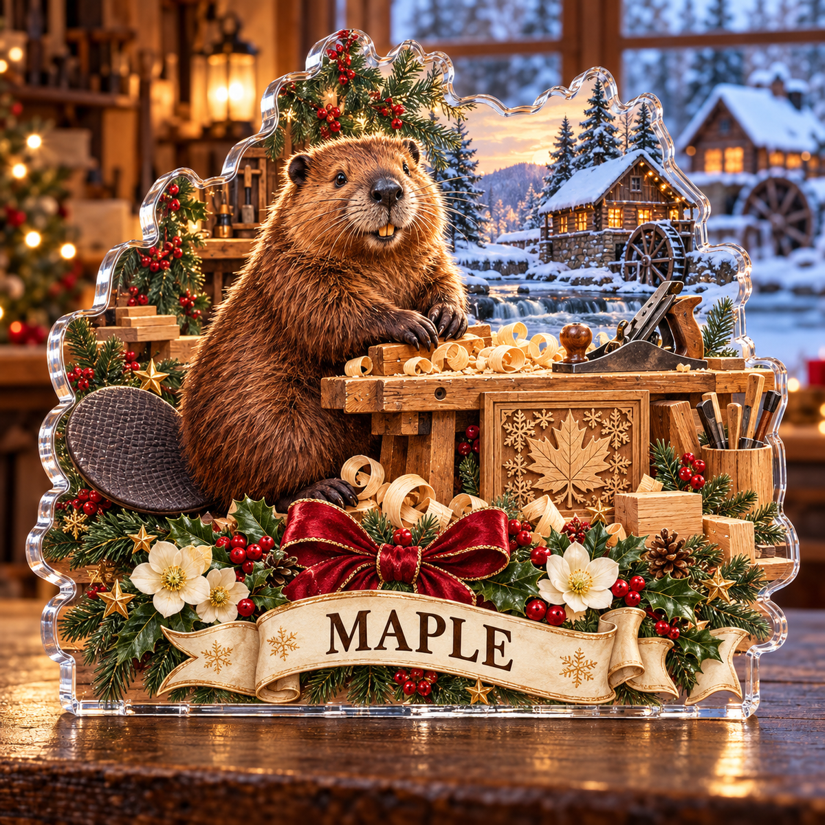 Front-view digital preview of a personalized Christmas beaver maple workshop acrylic plaque with example name MAPLE