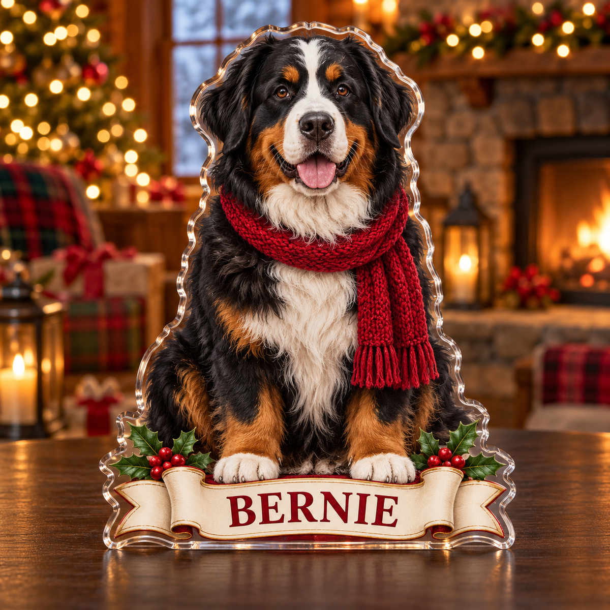 Front-view digital preview of a personalized Christmas Bernese dog subject-shape acrylic plaque with example name BERNIE