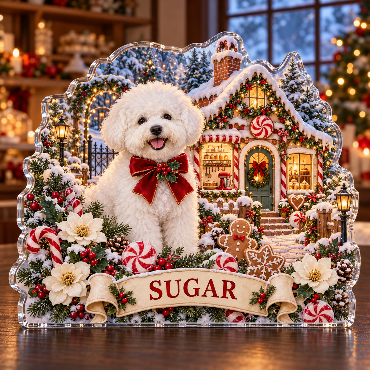 Front-view digital preview of a personalized Christmas bichon candy kitchen acrylic plaque with example name SUGAR