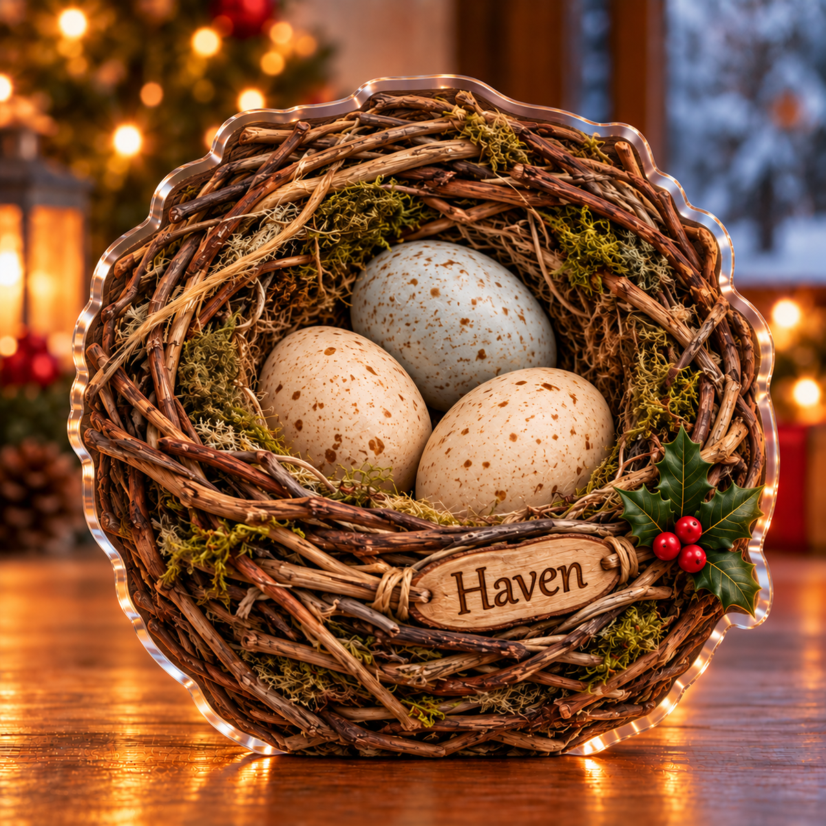Front-view digital preview of a Christmas bird nest haven acrylic plaque with example name Haven integrated into the the illustrated small nest tag name detail