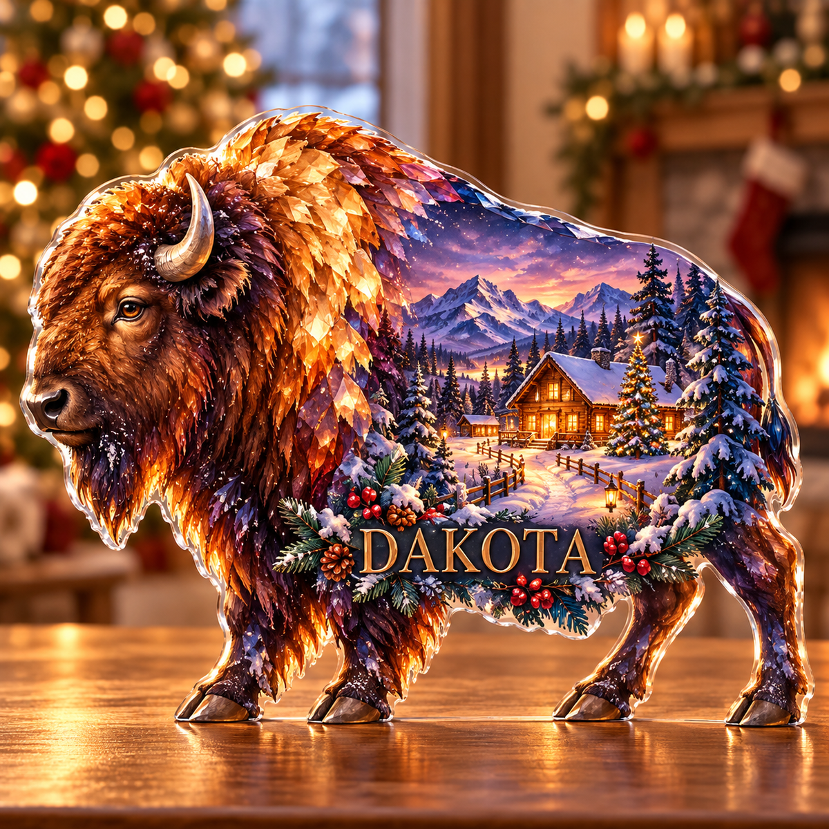 Front-view digital preview of a Christmas bison amber prairie acrylic plaque with example name Dakota integrated into the lower intrinsic bison botanical detail
