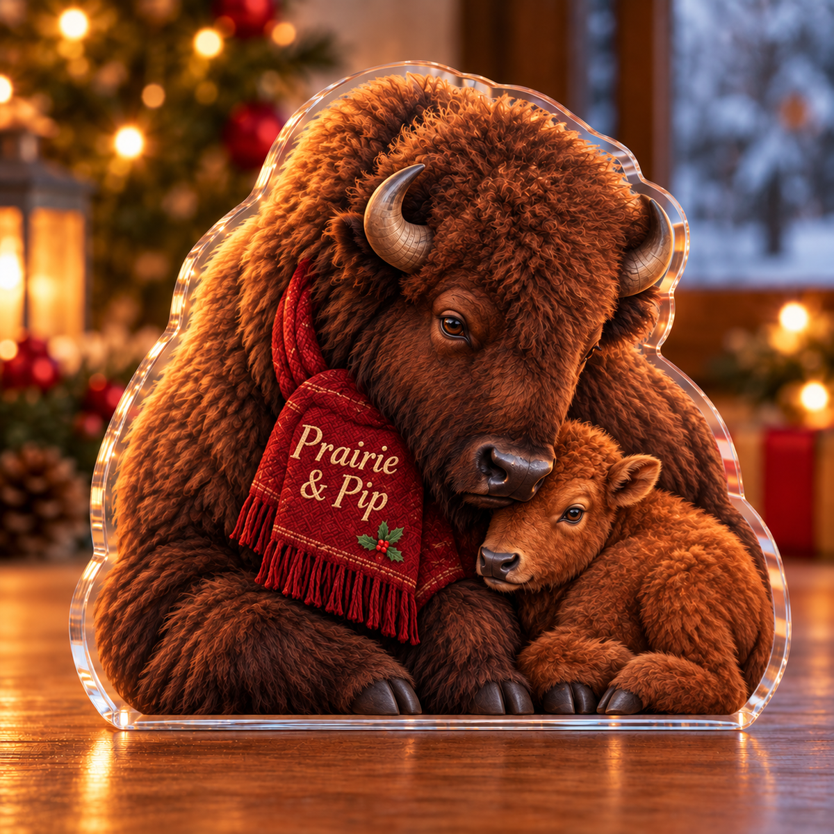 Front-view digital preview of a Christmas bison mother calf shelter acrylic plaque with example name Prairie & Pip integrated into the front scarf fold name embroidery