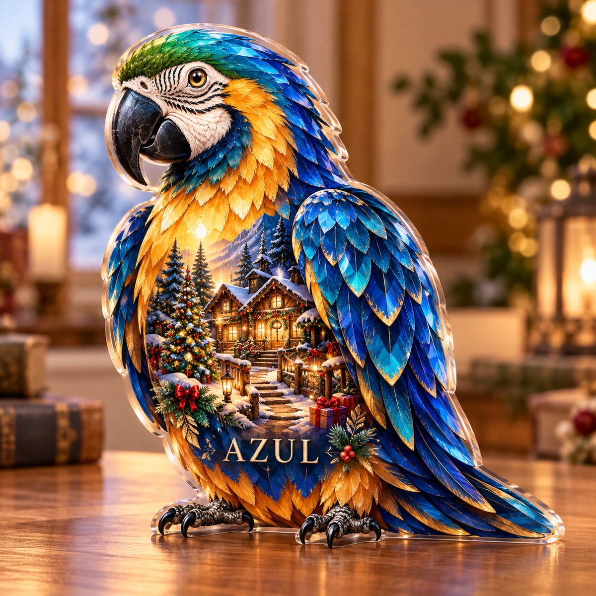 Front-view digital preview of a Christmas macaw sapphire canopylodge acrylic plaque with example name AZUL integrated into the lower breast feather facets