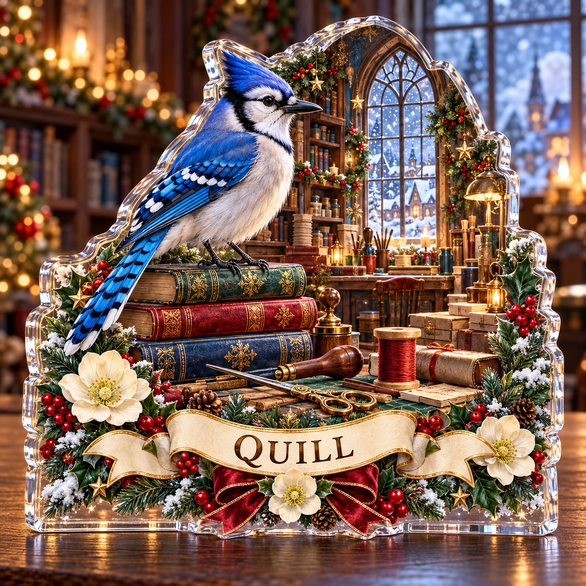 Front-view digital preview of a personalized Christmas blue jay bookbinding atelier acrylic plaque with example name QUILL