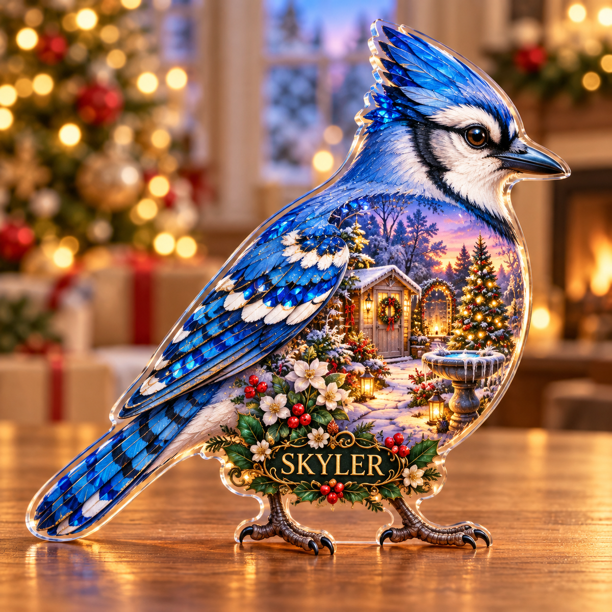 Front-view digital preview of a Christmas blue jay opal birdgarden acrylic plaque with example name Skyler integrated into the lower intrinsic blue jay botanical detail
