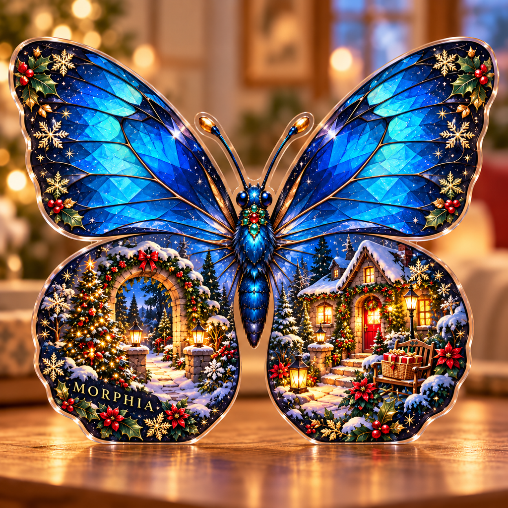 Front-view digital preview of a Christmas blue morpho wintergarden acrylic plaque with example name MORPHIA integrated into the lower left hindwing vein facets