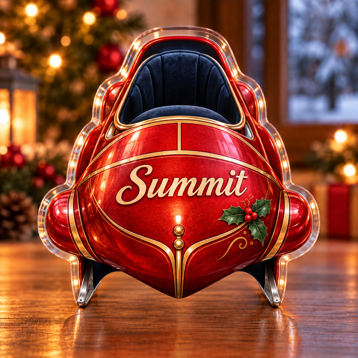 Front-view digital preview of a Christmas bobsleigh winter speed acrylic plaque with example name Summit integrated into the bobsleigh front body name panel