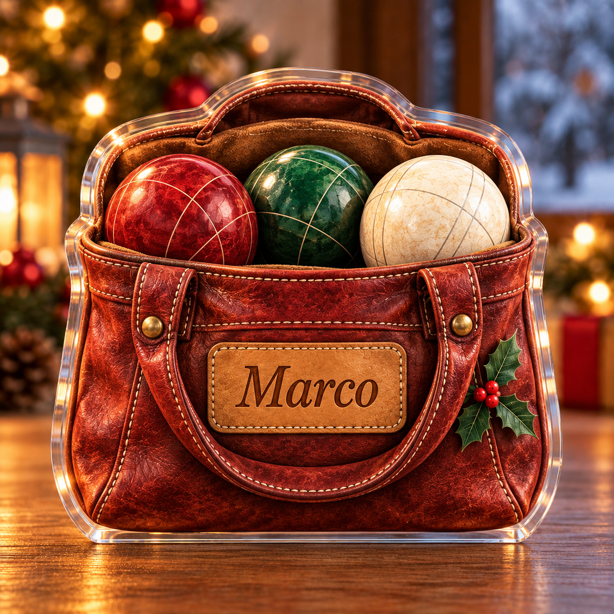 Front-view digital preview of a Christmas bocce friendly game acrylic plaque with example name Marco integrated into the bag front leather name patch