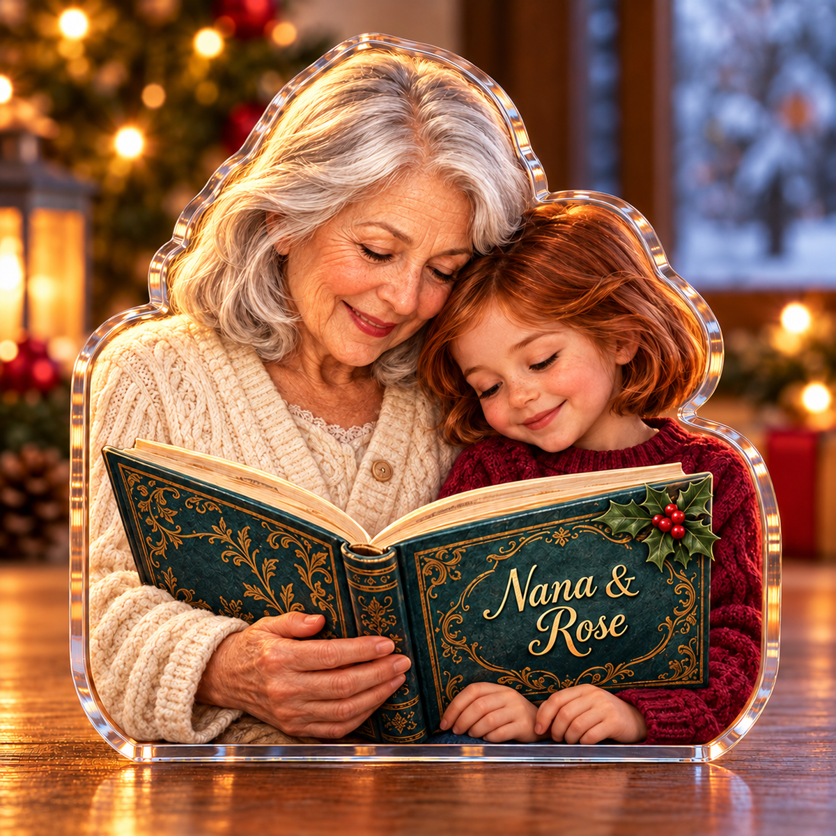 Front-view digital preview of a Christmas book club grandma story acrylic plaque with example name Nana & Rose integrated into the storybook front cover name cartouche