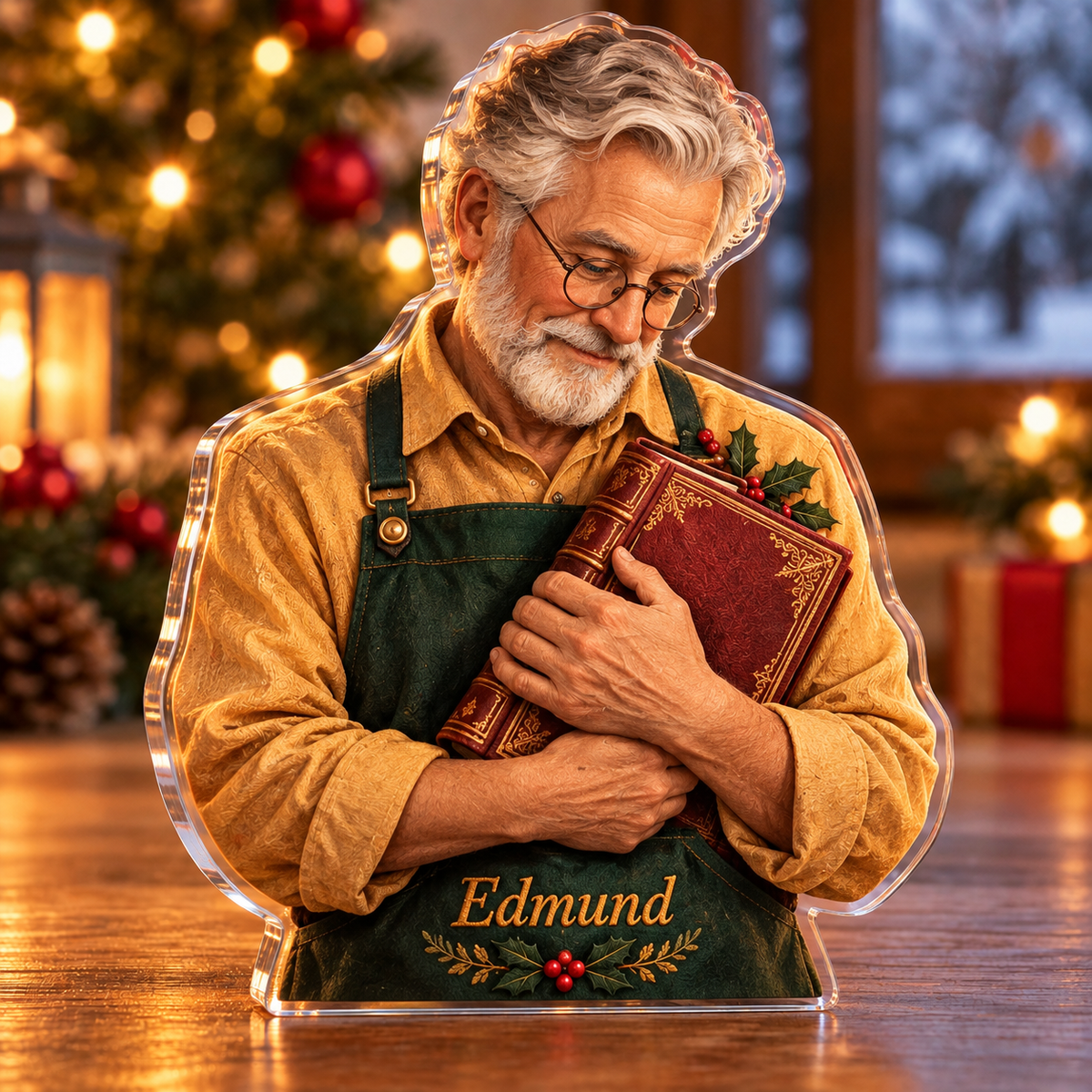 Front-view digital preview of a Christmas book restorer beloved volume acrylic plaque with example name Edmund integrated into the restorer apron front name embroidery