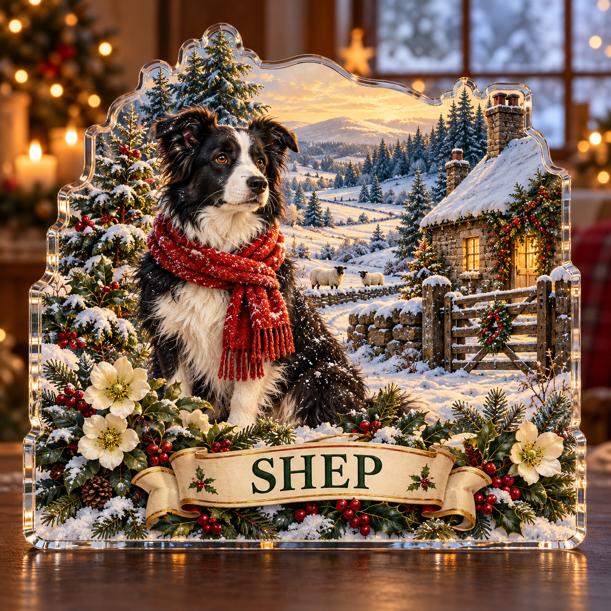 Front-view digital preview of a personalized Christmas border collie shepherd cottage acrylic plaque with example name SHEP