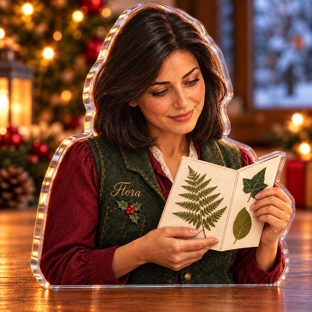 Front-view digital preview of a Christmas botanist leaf memory acrylic plaque with example name Flora integrated into the the illustrated front vest name stitching