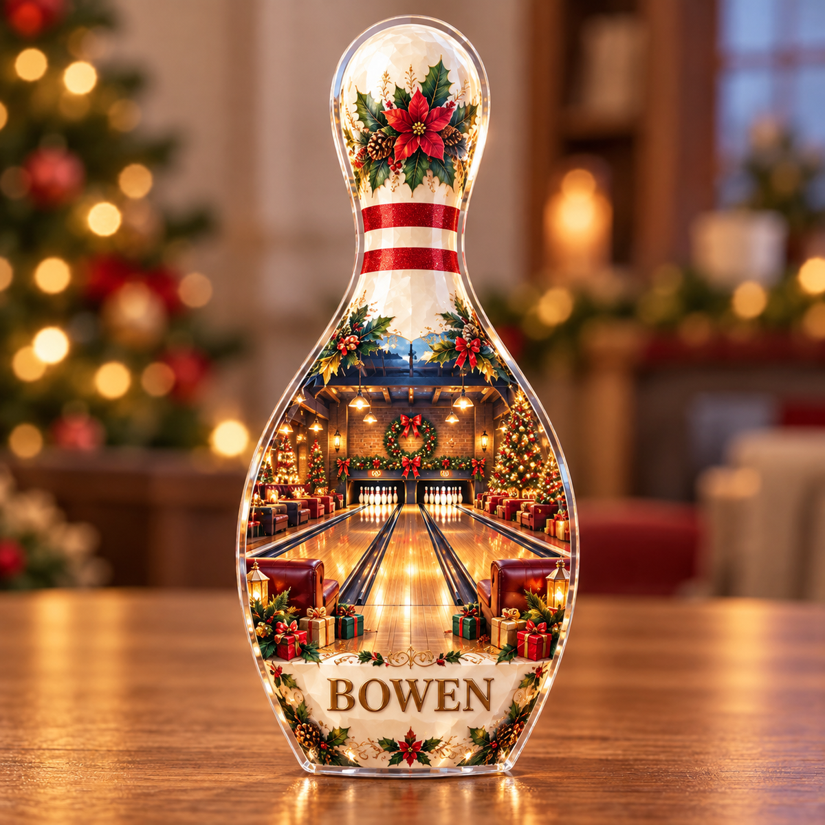 Front-view digital preview of a Christmas bowling pin opal lanes acrylic plaque with example name BOWEN integrated into the intrinsic lower pin facets
