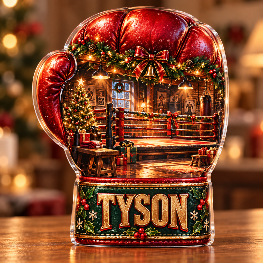 Front-view digital preview of a Christmas boxing glove ruby club acrylic plaque with example name TYSON integrated into the illustrated wrist cuff