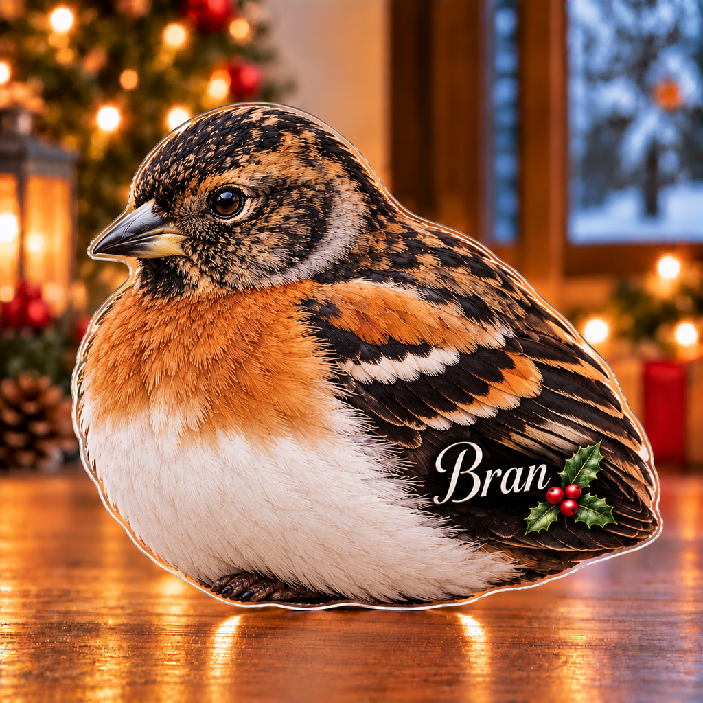 Front-view digital preview of a Christmas brambling rustic wish acrylic plaque with example name Bran integrated into the lower folded wing