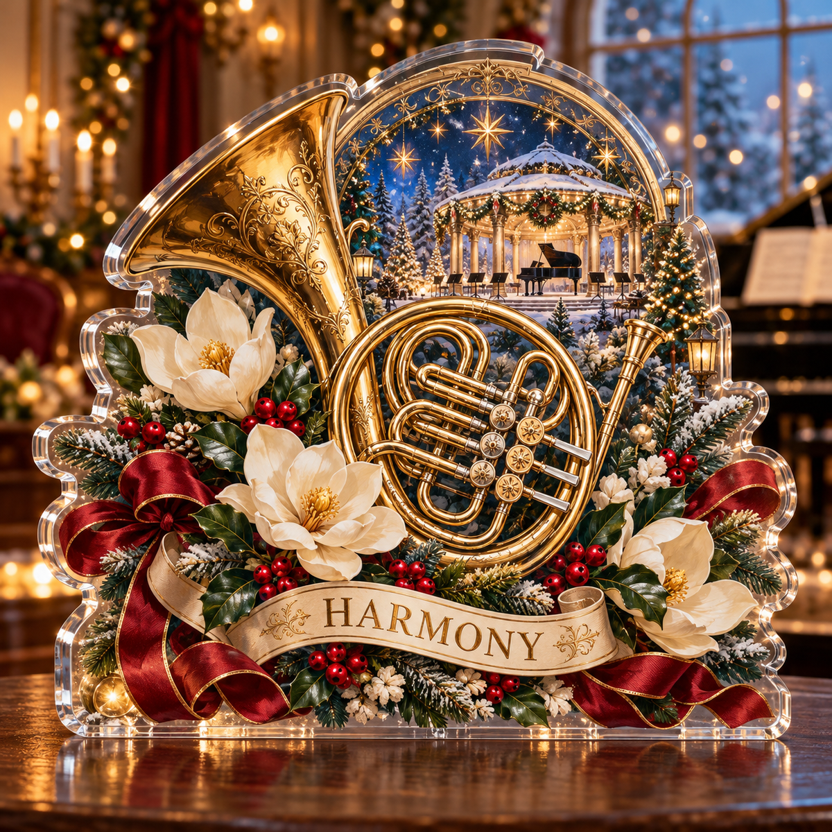 Front-view digital preview of a personalized Christmas brass horn magnolia pavilion acrylic plaque with example name HARMONY