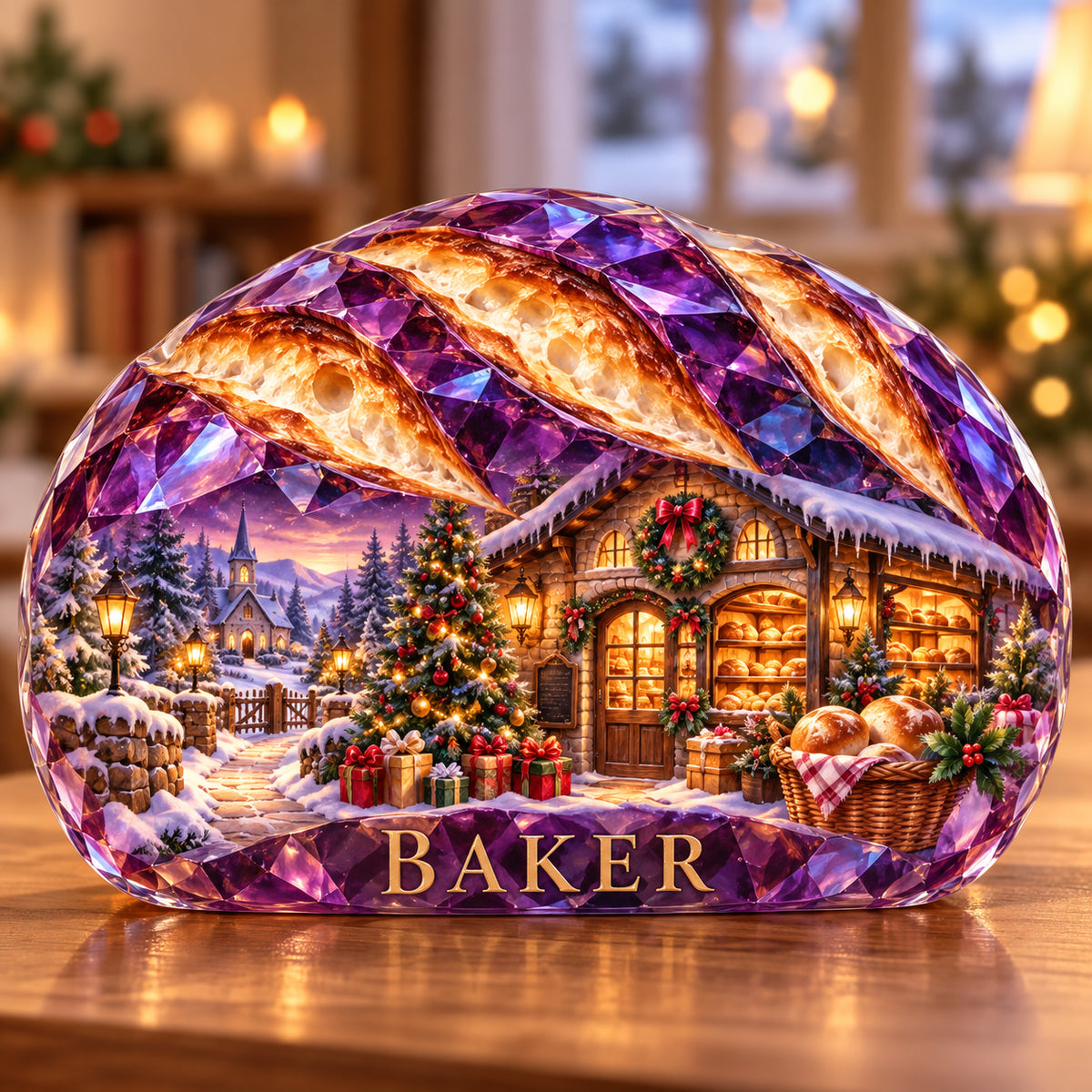 Front-view digital preview of a Christmas amethyst bread loaf acrylic plaque with example name BAKER integrated into the lowest loaf body facets