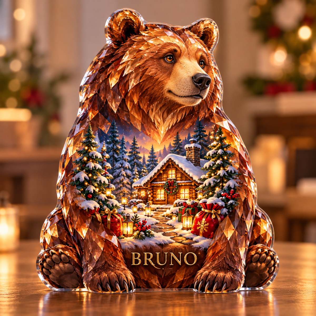 Front-view digital preview of a Christmas brown bear amber logcabin acrylic plaque with example name BRUNO integrated into the lower belly fur facets
