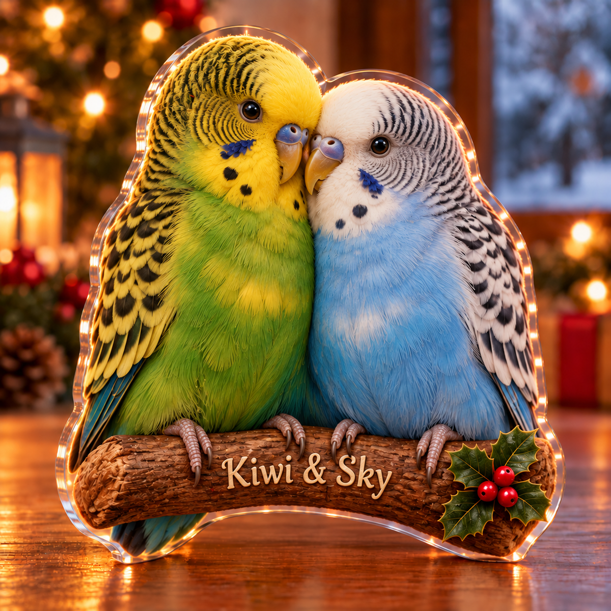 Front-view digital preview of a Christmas budgie pair love acrylic plaque with example name Kiwi & Sky integrated into the the illustrated short branch name detail