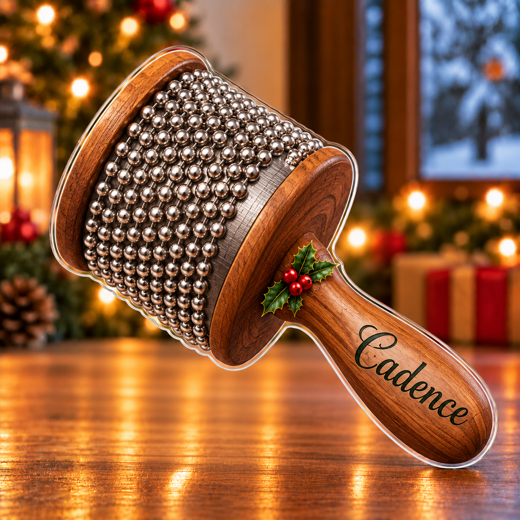 Front-view digital preview of a Christmas cabasa rhythm glow acrylic plaque with example name Cadence integrated into the wooden handle face