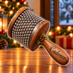 Front-view digital preview of a Christmas cabasa rhythm glow acrylic plaque with example name Cadence integrated into the wooden handle face