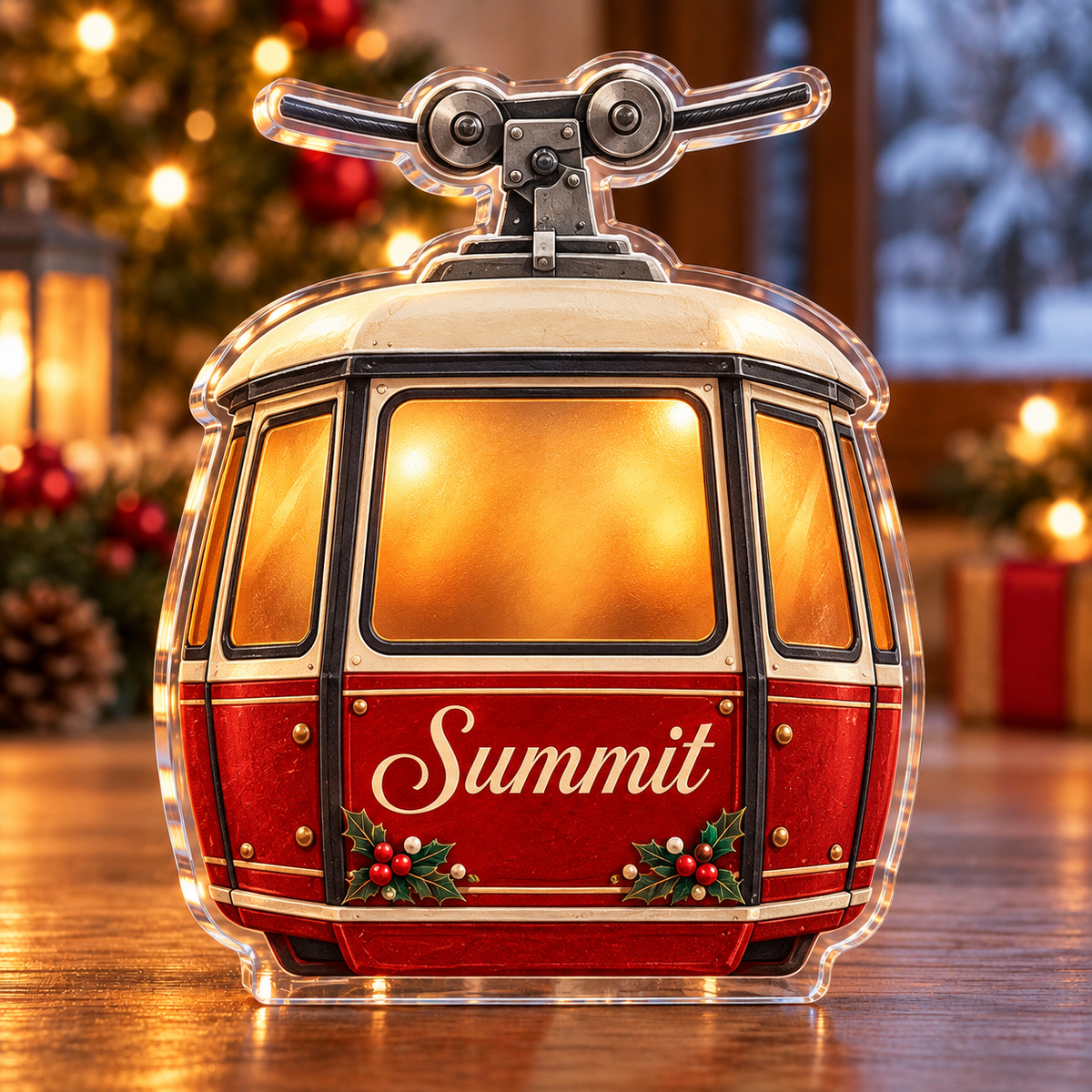 Front-view digital preview of a Christmas cable car summit acrylic plaque with example name Summit integrated into the illustrated cabin front name panel