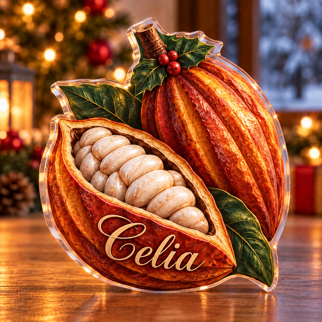 Front-view digital preview of a Christmas cacao pod cocoa acrylic plaque with example name Celia integrated into the front cacao pod rind name engraving