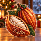 Front-view digital preview of a Christmas cacao pod cocoa acrylic plaque with example name Celia integrated into the front cacao pod rind name engraving
