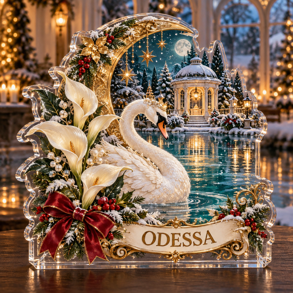 Front-view digital preview of a personalized Christmas calla swan moon garden acrylic plaque with example name ODESSA