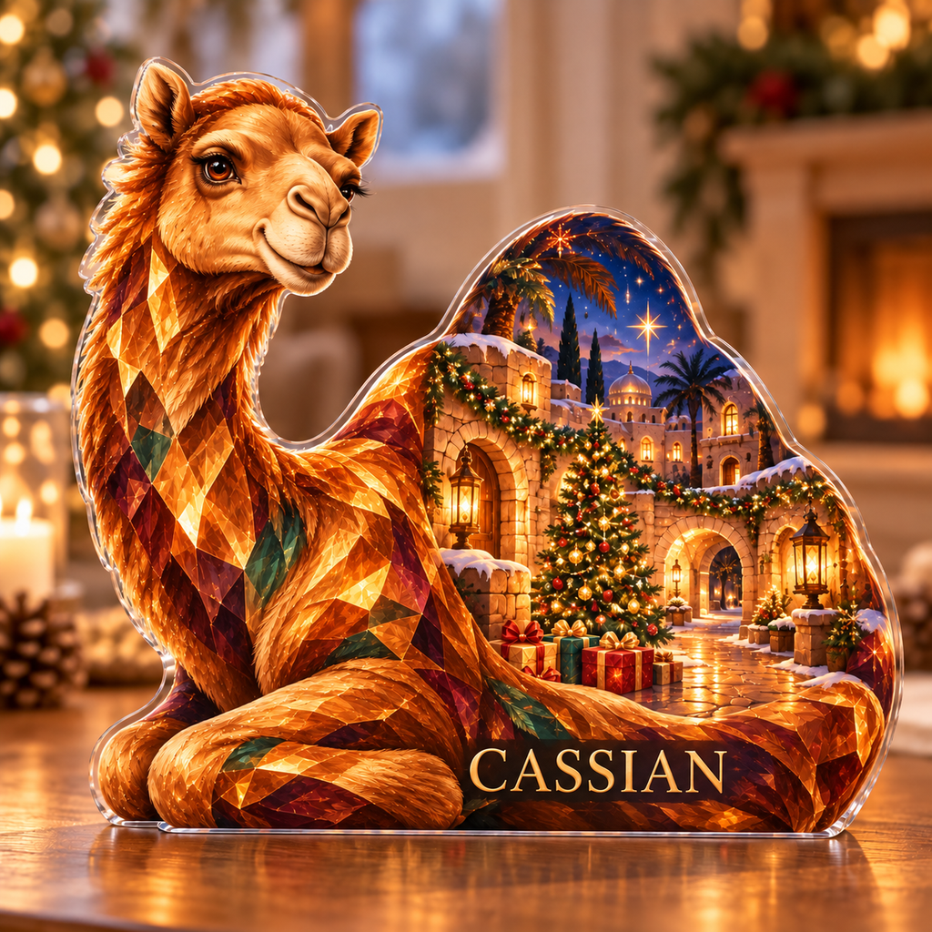 Front-view digital preview of a Christmas amber camel acrylic plaque with example name CASSIAN integrated into the lowest folded haunch facets