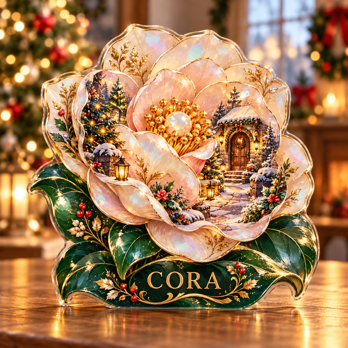 Front-view digital preview of a Christmas camellia opal courtyard acrylic plaque with example name Cora integrated into the lower intrinsic camellia leaf detail