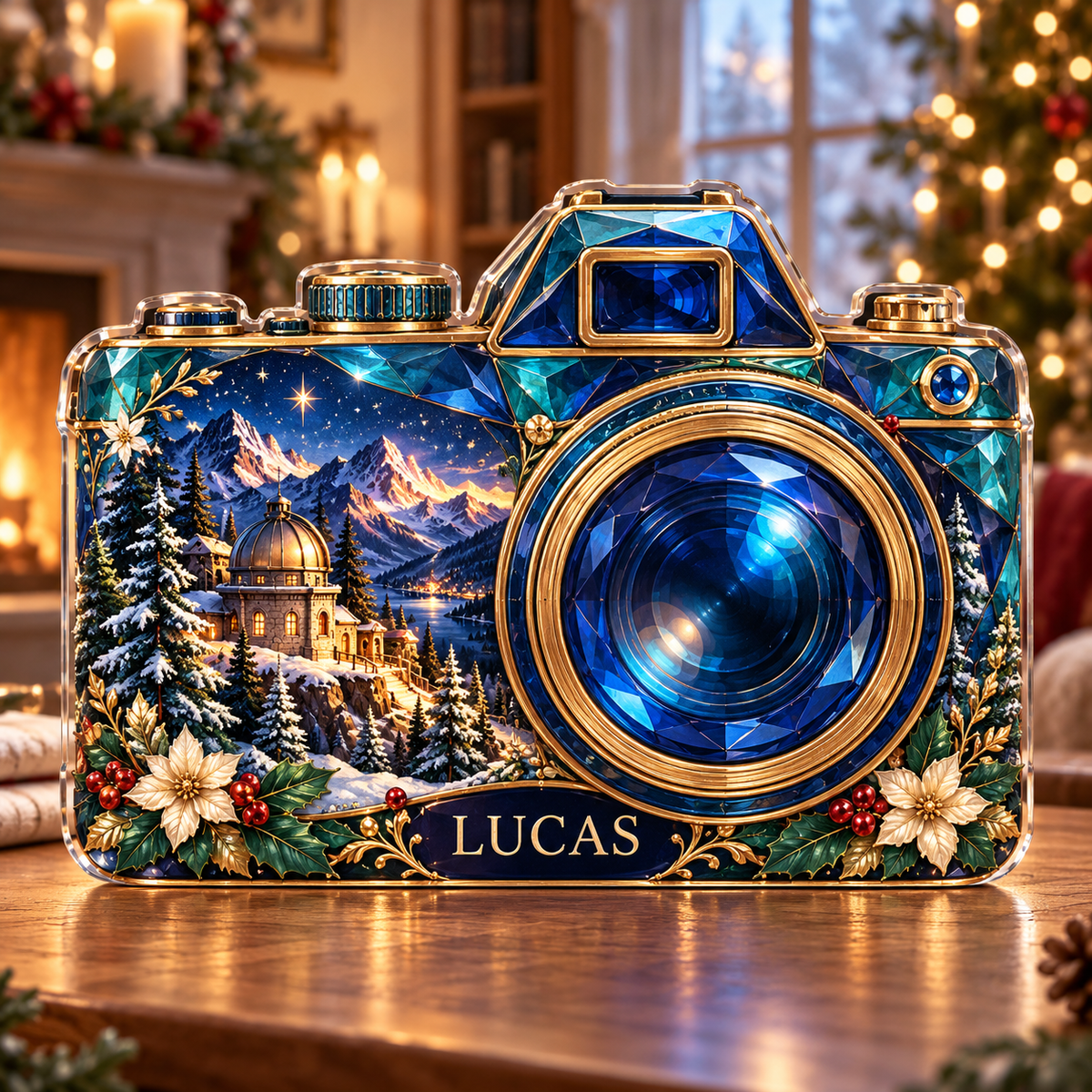 Front-view digital preview of a Christmas camera sapphire observatory acrylic plaque with example name Lucas integrated into the lower camera detail