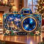 Front-view digital preview of a Christmas camera sapphire observatory acrylic plaque with example name Lucas integrated into the lower camera detail
