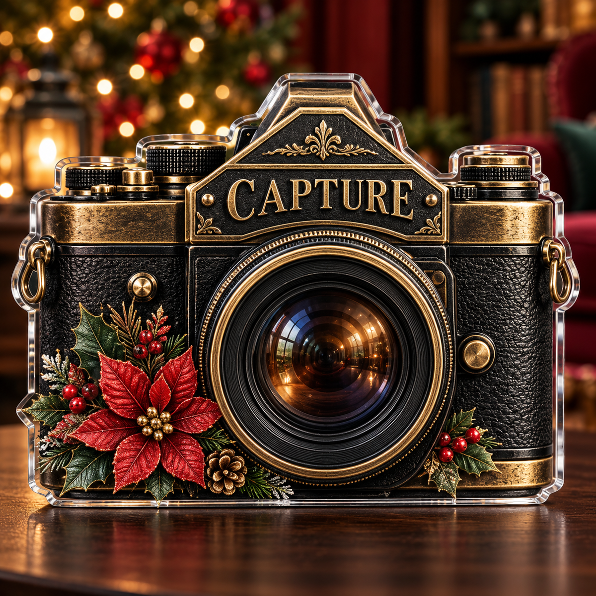 Frontal digital preview of a Christmas camera acrylic plaque with CAPTURE integrated as printed engraved-look front-plate lettering