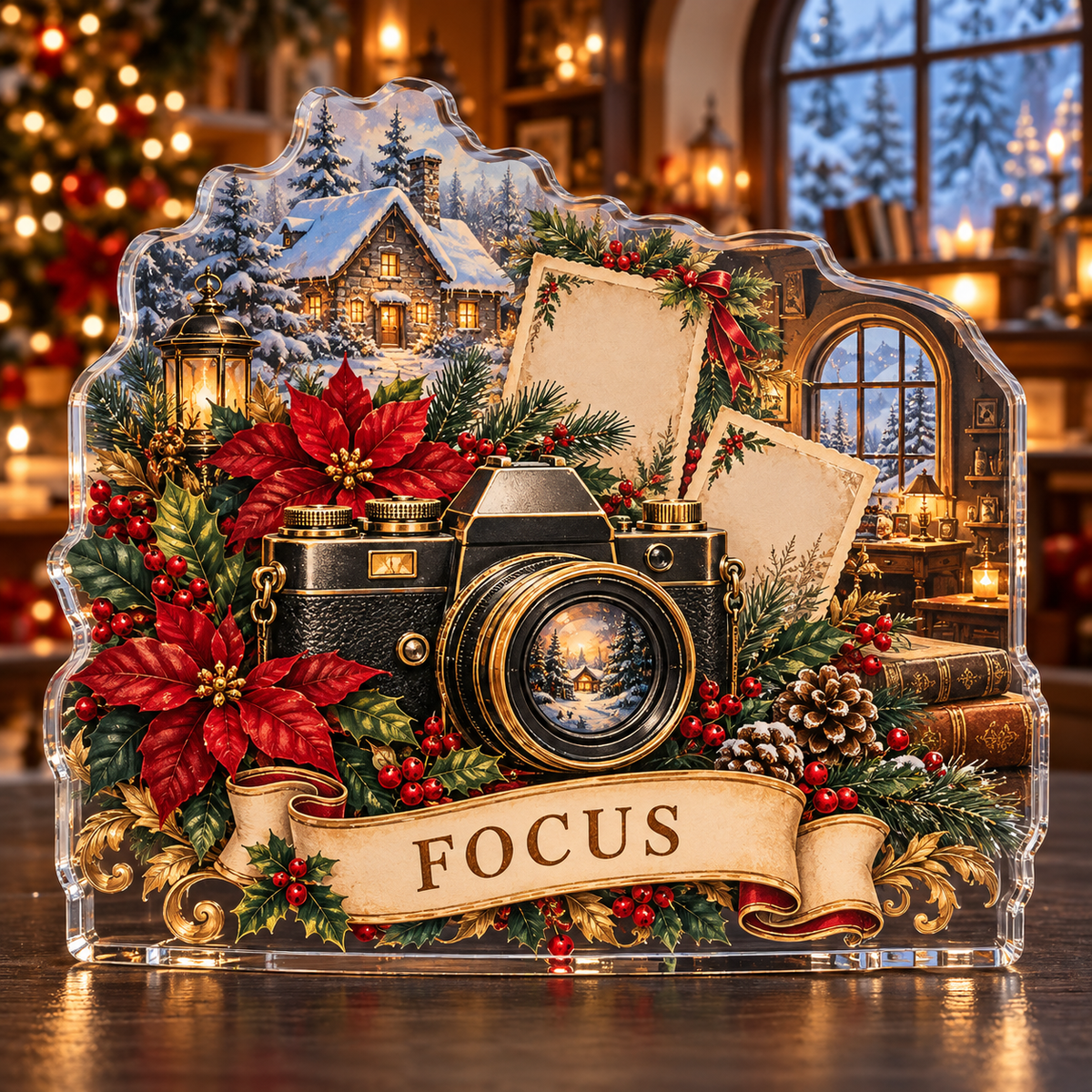 Front-view digital preview of a personalized Christmas camera poinsettia studio acrylic plaque with example name FOCUS
